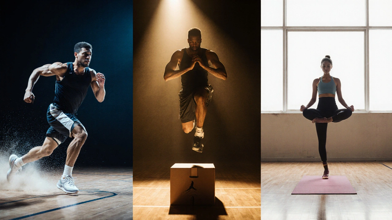 Athleten trainieren Sprint, Sprungkraft und Yoga im Basketball‑Training.