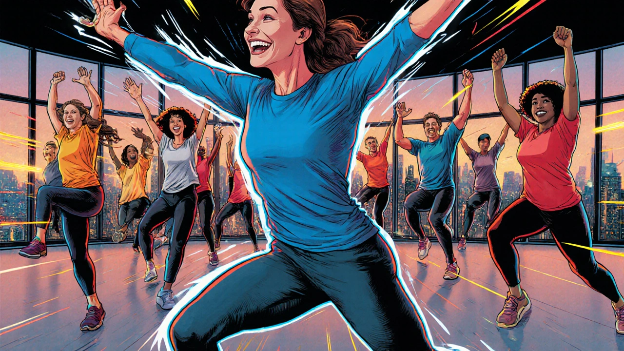 Bunte Gruppe trainiert gemeinsam in einem Studio, fröhlicher Trainer, dynamische Comic‑Darstellung.