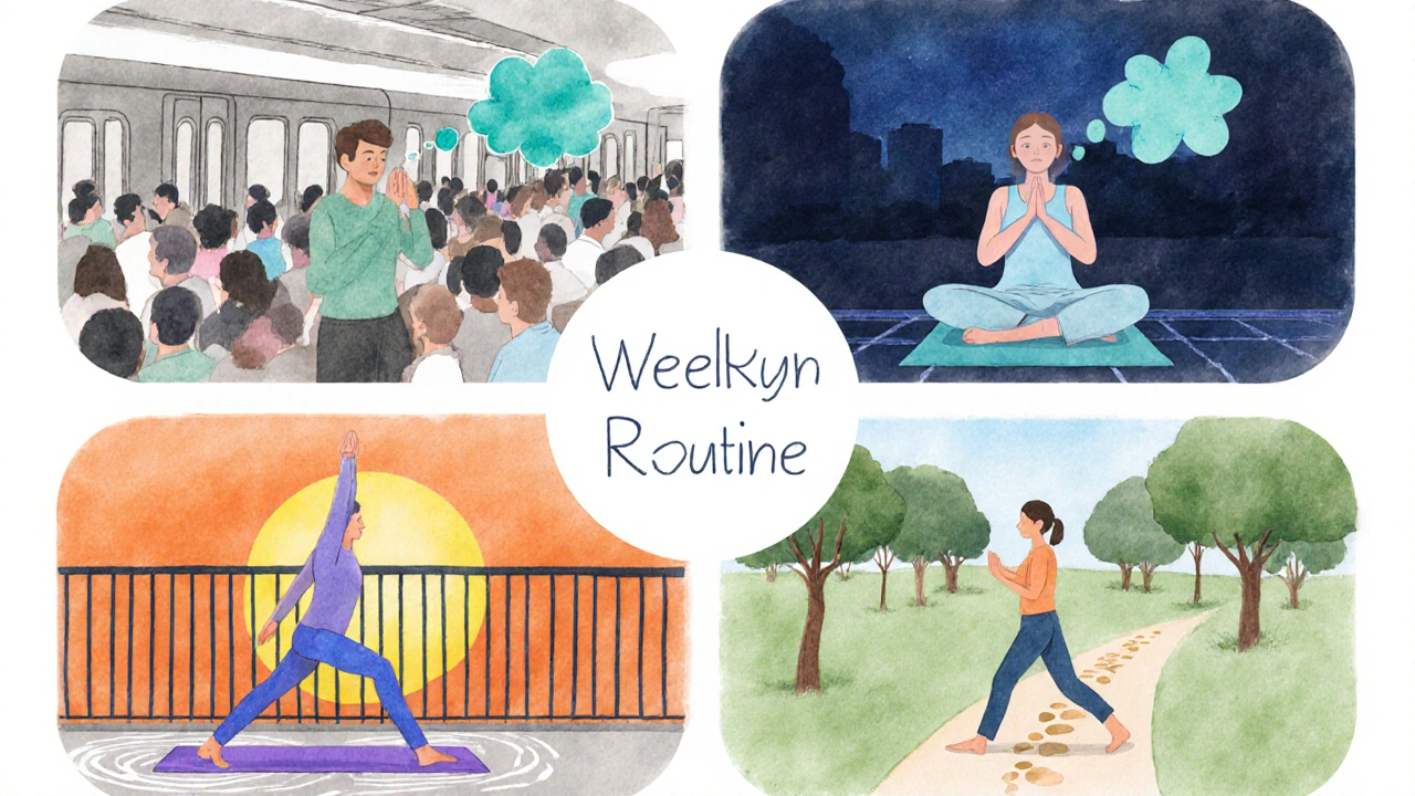 Collage: Wochenroutine aus Atmung, Muskelentspannung, Yoga, Achtsamkeit.