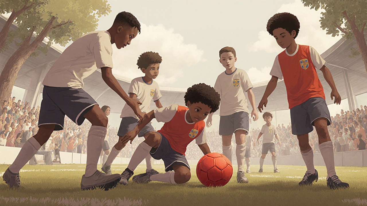 Ein Fußballspieler hilft einem gegnerischen Spieler auf, das Team hält inne – ein Moment der Menschlichkeit auf dem Platz.