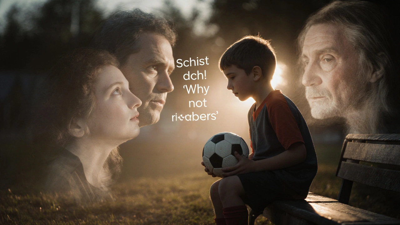 Ein Kind sitzt auf der Bank, umgeben von unsichtbaren Erwartungen, die in Licht verwandelt werden – Symbol für innere Stärke.