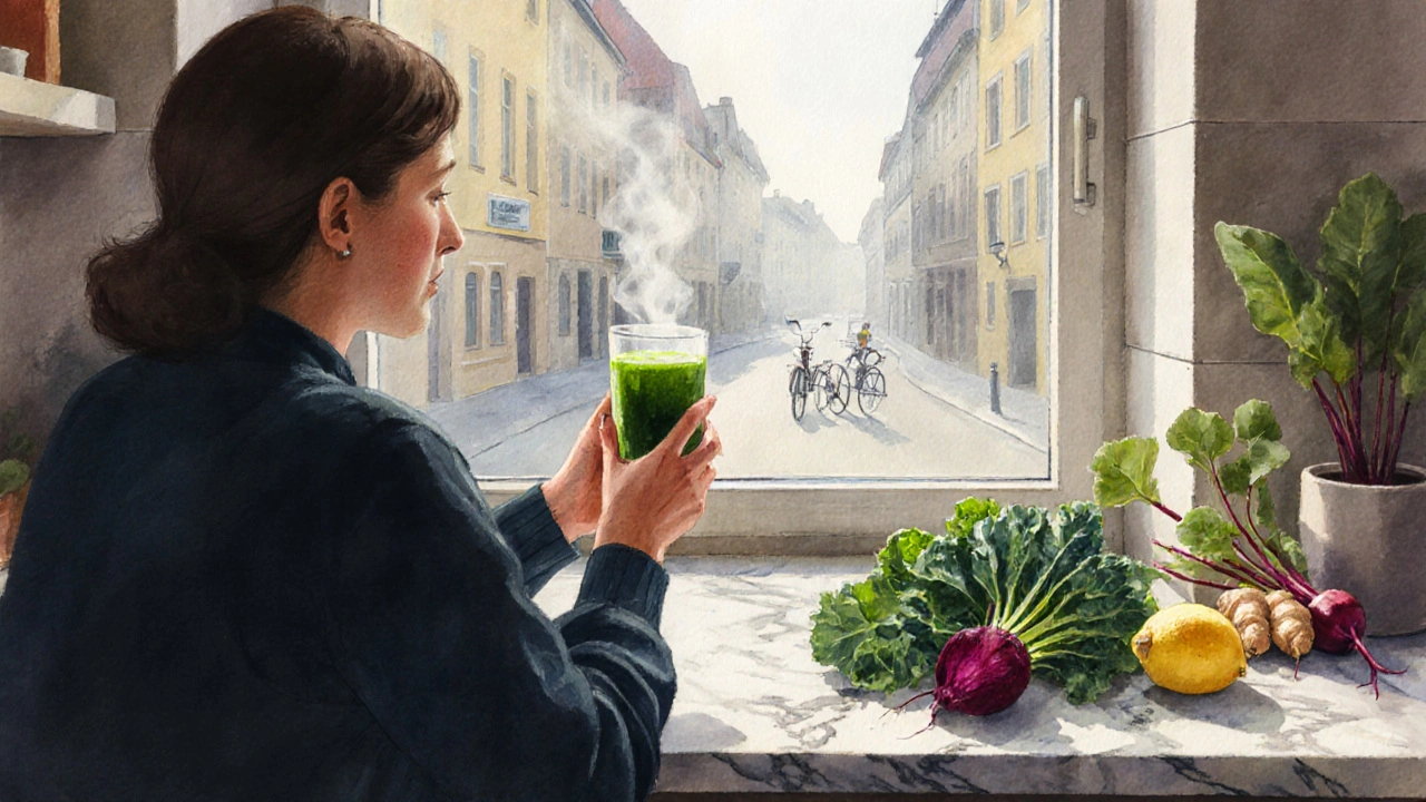 Eine Person trinkt morgens grünen Health Juice am sonnigen Küchenfenster, umgeben von frischen Zutaten.