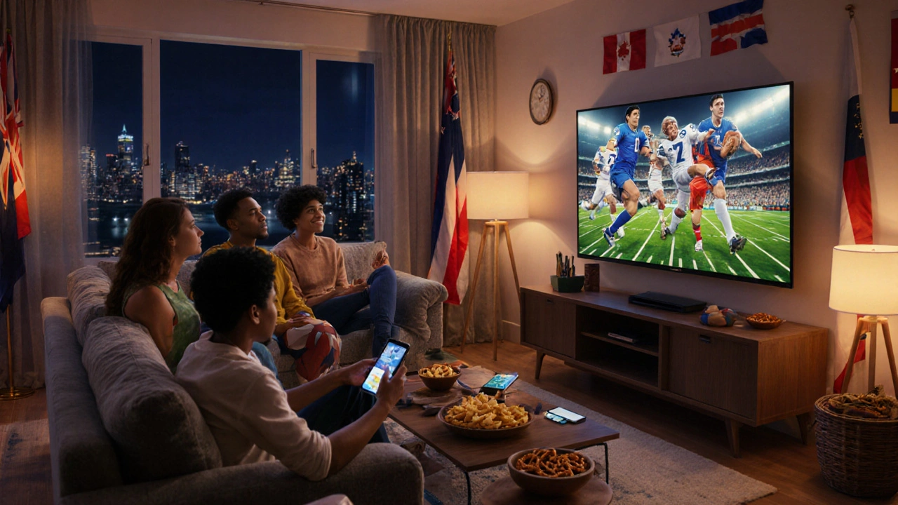 Freunde sehen sich ein legendäres Fußballspiel zu Hause an, umgeben von Snacks und Flaggen.