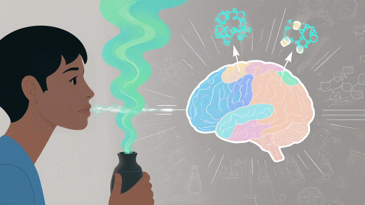 Illustration des Duftes, der über Nase ins Gehirn gelangt und Neurotransmitter aktiviert.