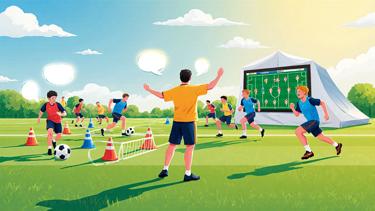 Junge Spieler beim Aufwärmen, Dribbling-Parcours, Sprint‑Übungen und Video‑Analyse im Feld.