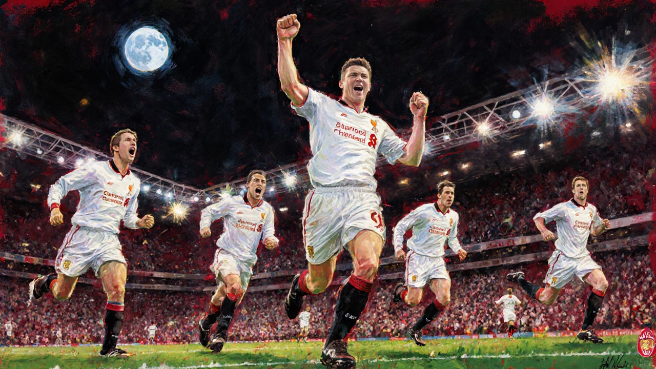 Liverpool‑Spieler feiern den späten Sieg im Miracle of Istanbul, umgeben von jubelnden Zuschauern.
