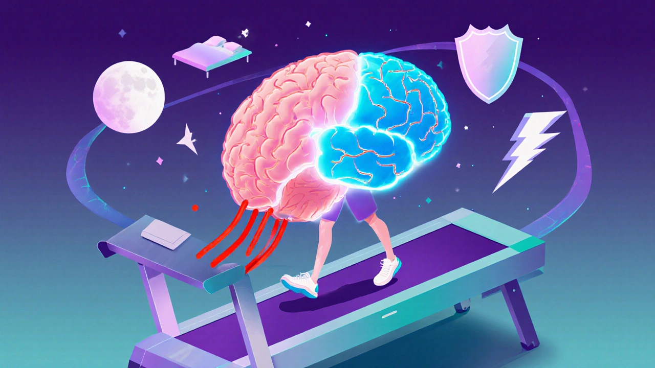 Schwebendes Gehirn über Laufband, Hippocampus leuchtet, Icons für Schlaf, Immunität und Energie rotieren.