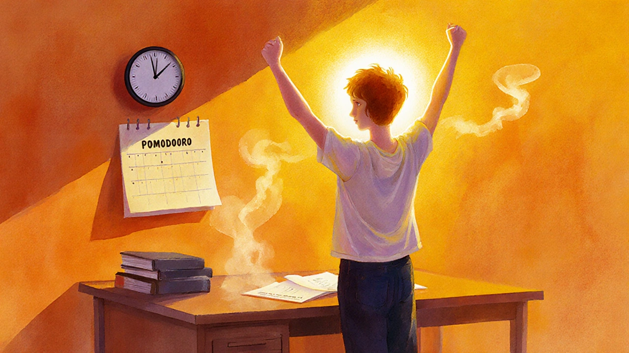 Student nach Lernsession, zufrieden, mit Uhr, Kalender und noch schwebender Duftwolke.
