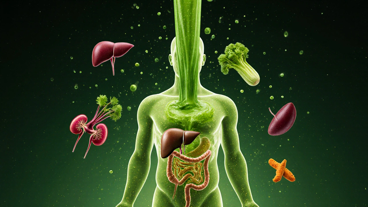 Abstrakte Darstellung eines Körpers, der durch grünen Saft mit Energie und Reinigung gefüllt wird.