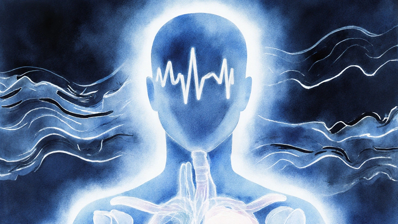 Abstrakte Darstellung eines Körpers, dessen innere Signale von Stress zu Entspannung wechseln, in sanften Wasserfarben.