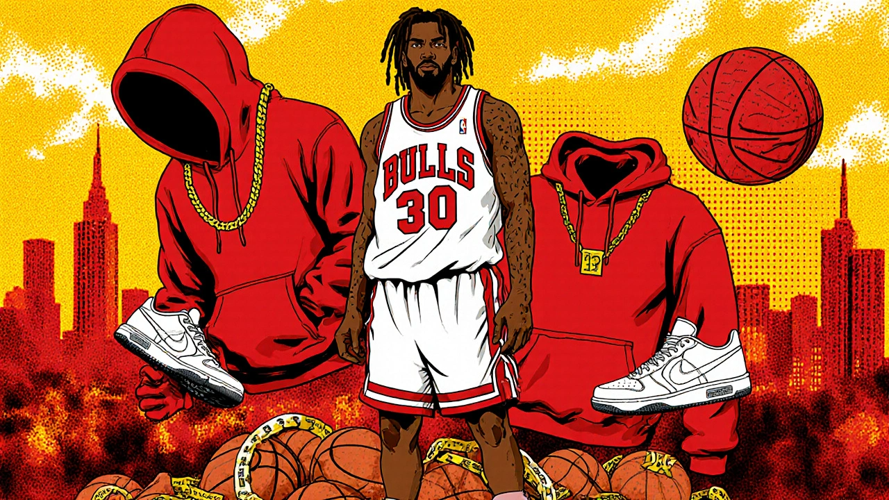 Allen Iverson in übergroßer Basketballkleidung steht auf Basketballbällen, umgeben von Hoods und Ketten in stylisierter 90er-Hip-Hop-Ästhetik.