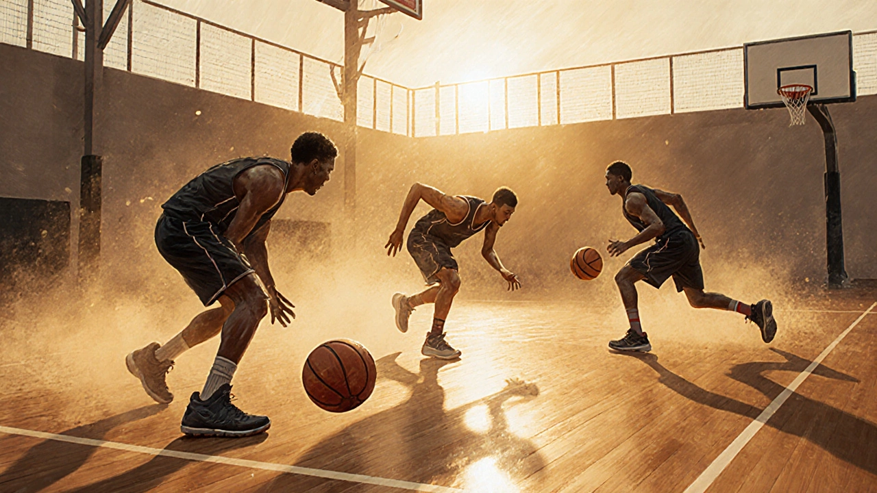 Drei Spieler üben manuelle Verteidigungstechniken auf einem Basketballplatz bei Abendlicht.