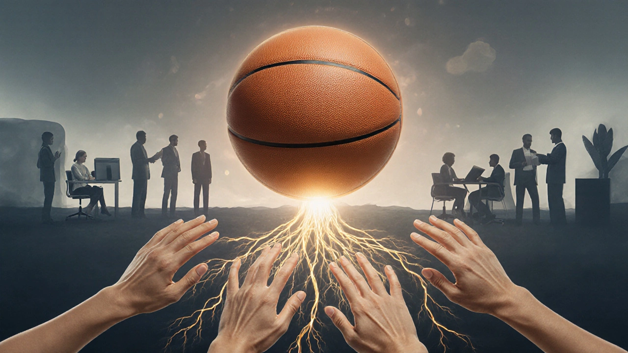 Ein Basketball als lebendiges Wesen, verbunden durch Lichtlinien mit fünf Händen, die verschiedene Teamrollen symbolisieren.