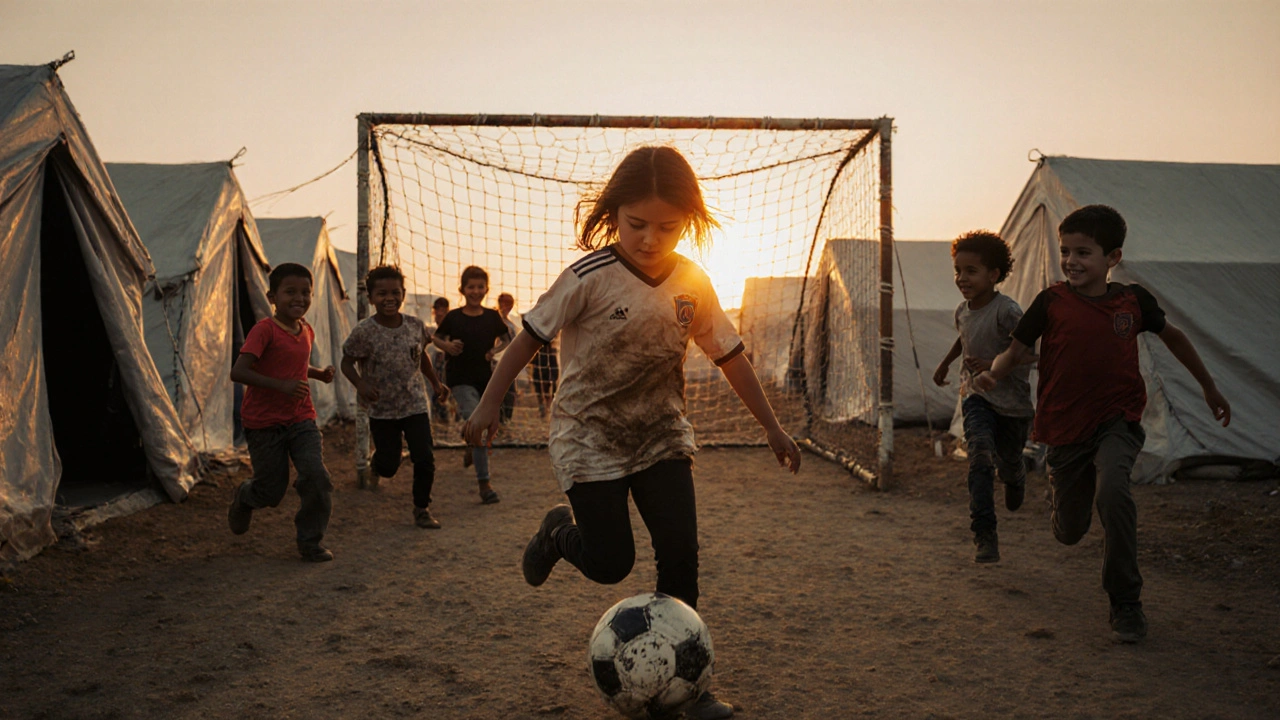 Ein Mädchen in einem Flüchtlingslager dribbelt einen Ball, während Kinder verschiedener Herkunft zusehen.