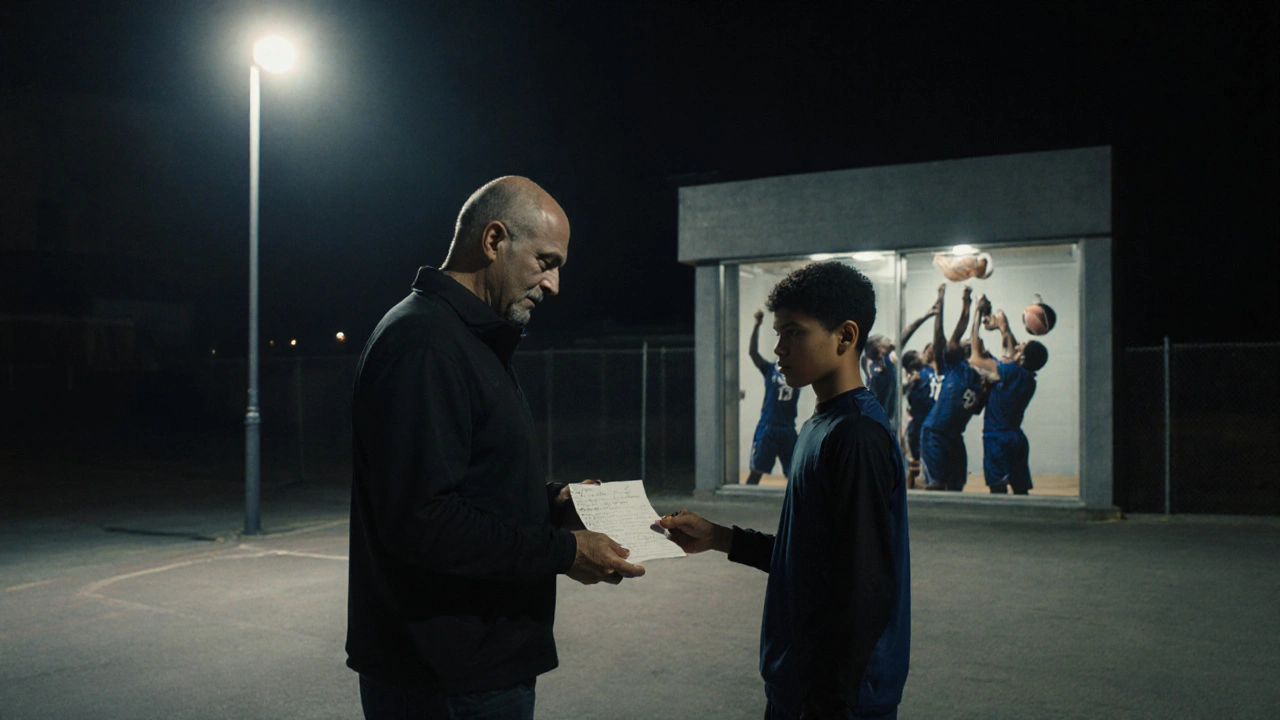 Ein Trainer gibt einem Spieler nach dem Spiel einen Zettel – eine Moment der Stille und Reflexion.