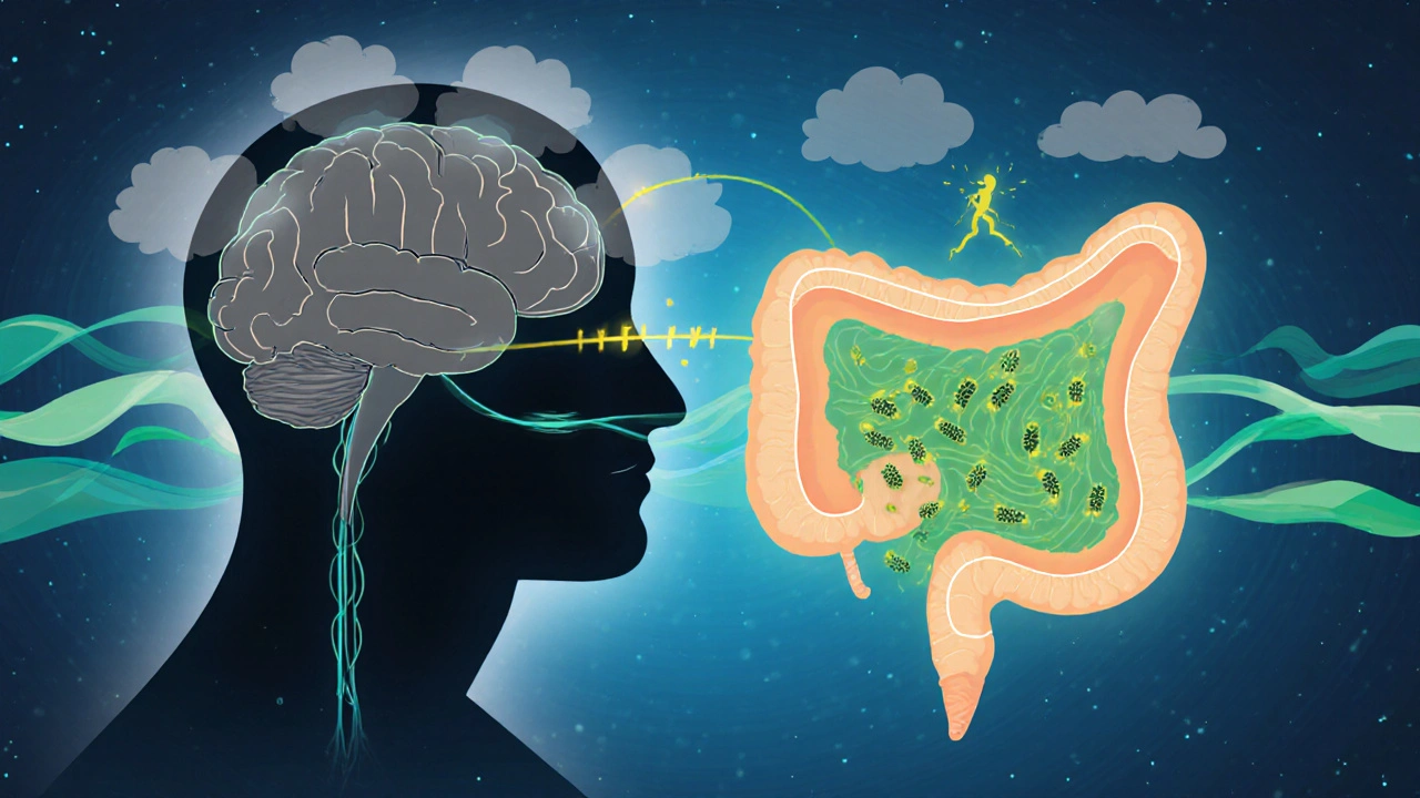 Gehirn und Darm sind durch einen leuchtenden Pfad verbunden, Stress und Beruhigung werden als entgegengesetzte Kräfte dargestellt.
