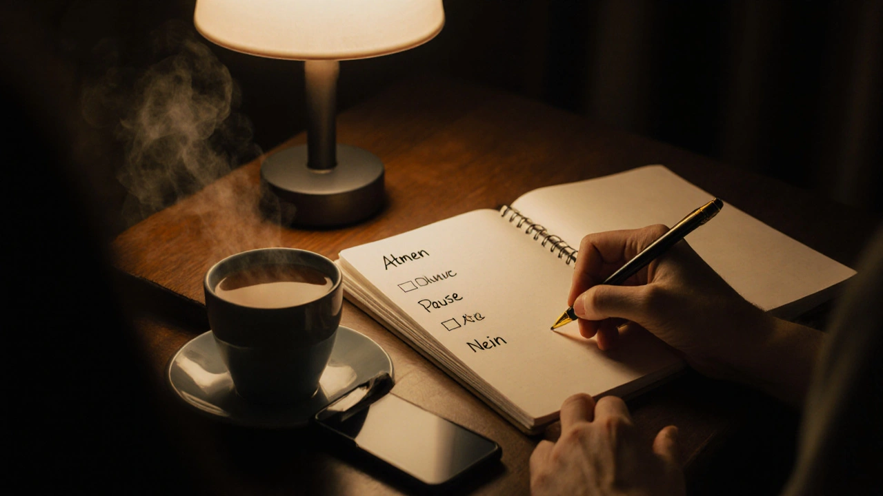 Hand schreibt drei Schlüsselwörter in ein Notizbuch, Handy liegt abgeschaltet daneben, Tasse Tee steht bereit.