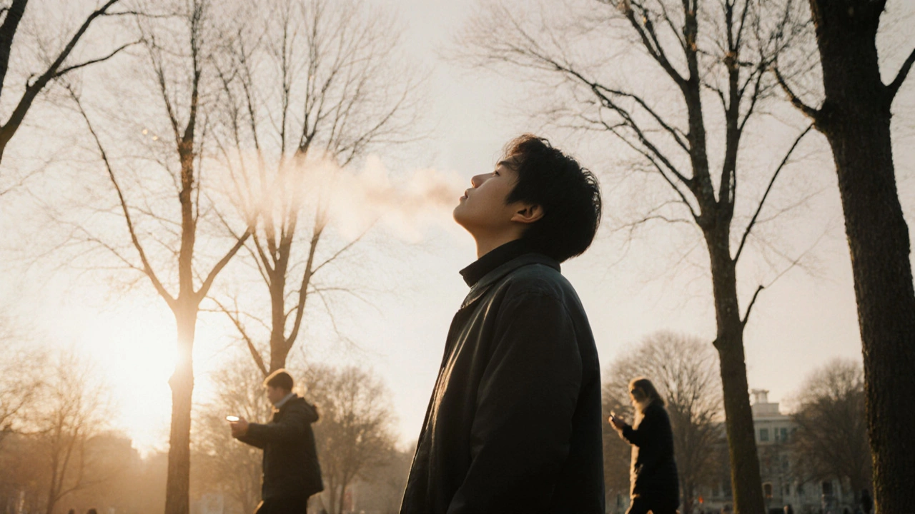 Mensch steht still im Park, blickt zum Himmel durch kahle Bäume, andere Menschen eilen vorbei, Morgendämmerung.