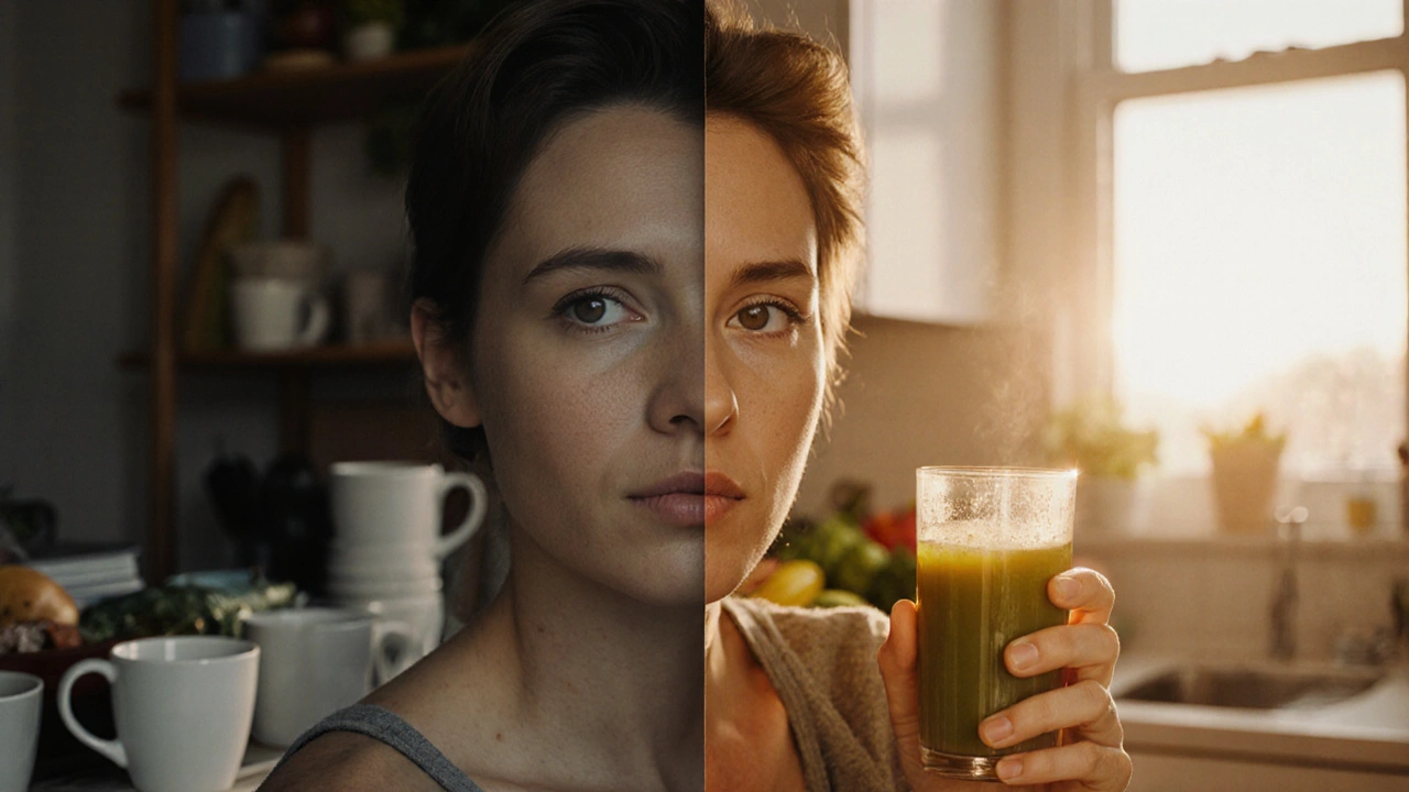 Mensch wacht erholt auf, hält Health Juice, mit Kontrast zwischen Müdigkeit und Vitalität.