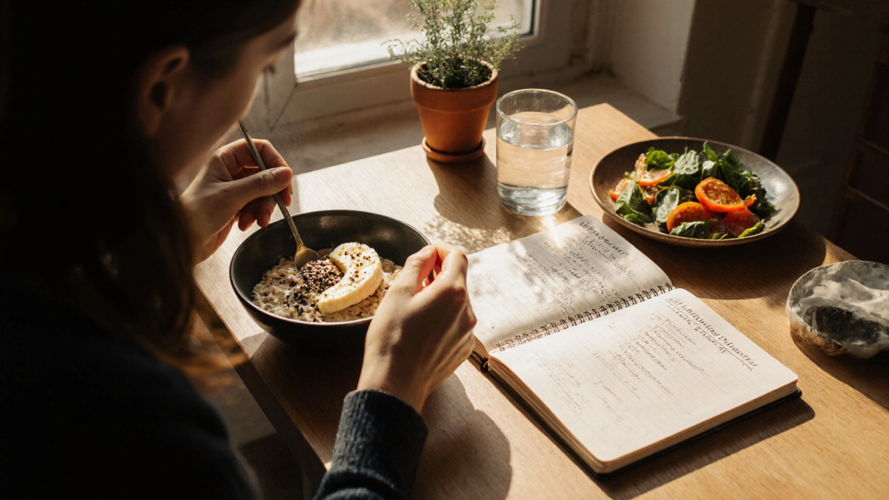 Person isst langsam Haferflocken mit Banane in einer sonnigen Küche, daneben ein handschriftliches Ernährungstagebuch.