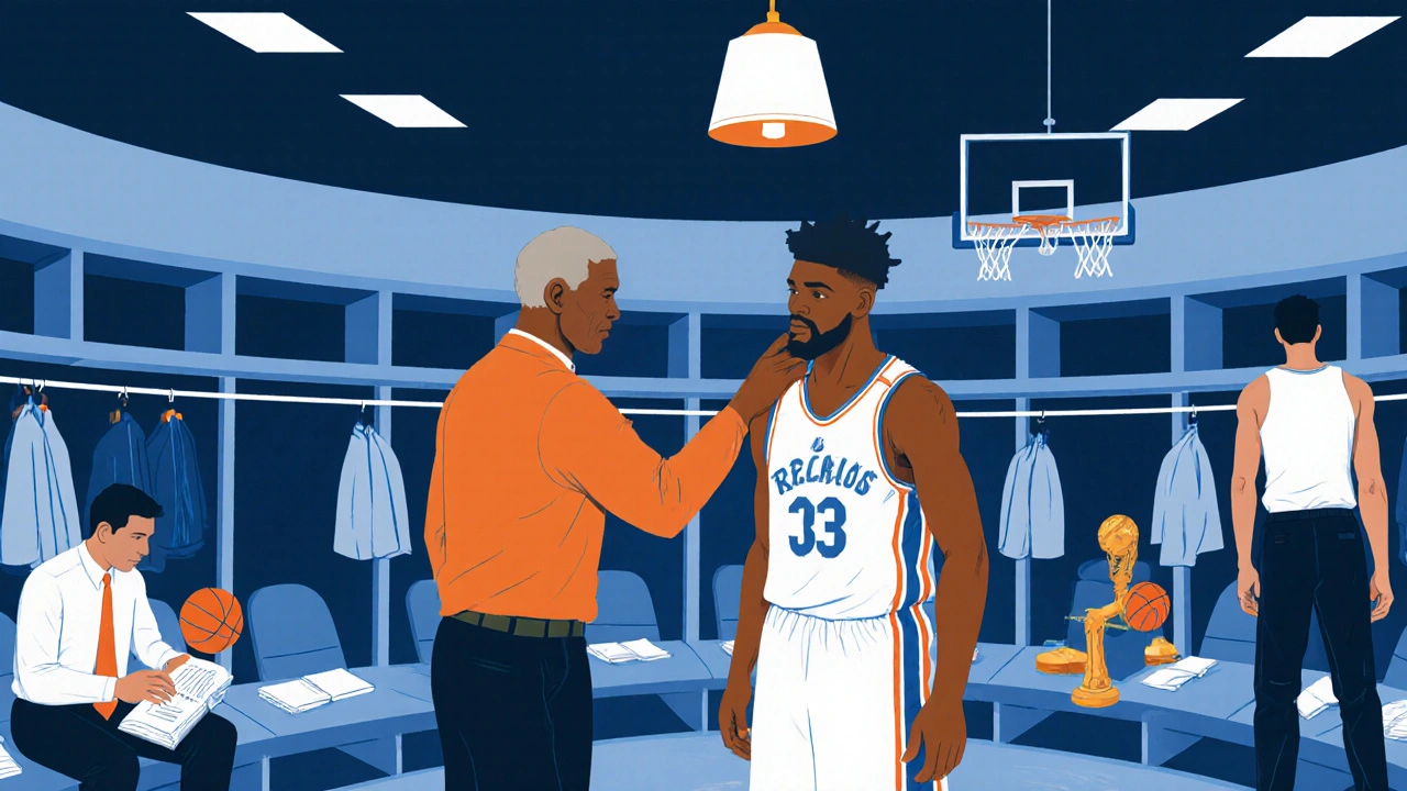 Stille Moment im Umkleideraum: Ein erfahrener Spieler nickt einem jungen Teamkollegen zu, andere arbeiten unsichtbar.