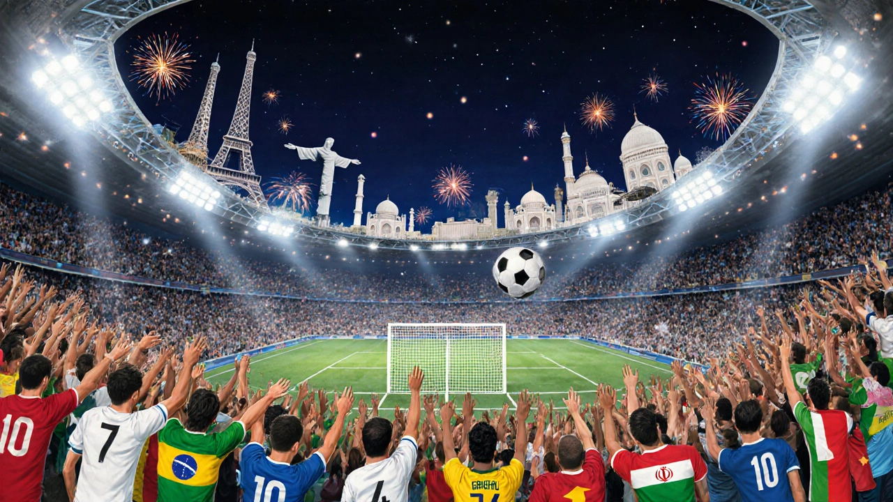 Tausende Fans aus aller Welt feiern gemeinsam ein Fußballspiel bei Nacht mit Feuerwerken und Lichtern.