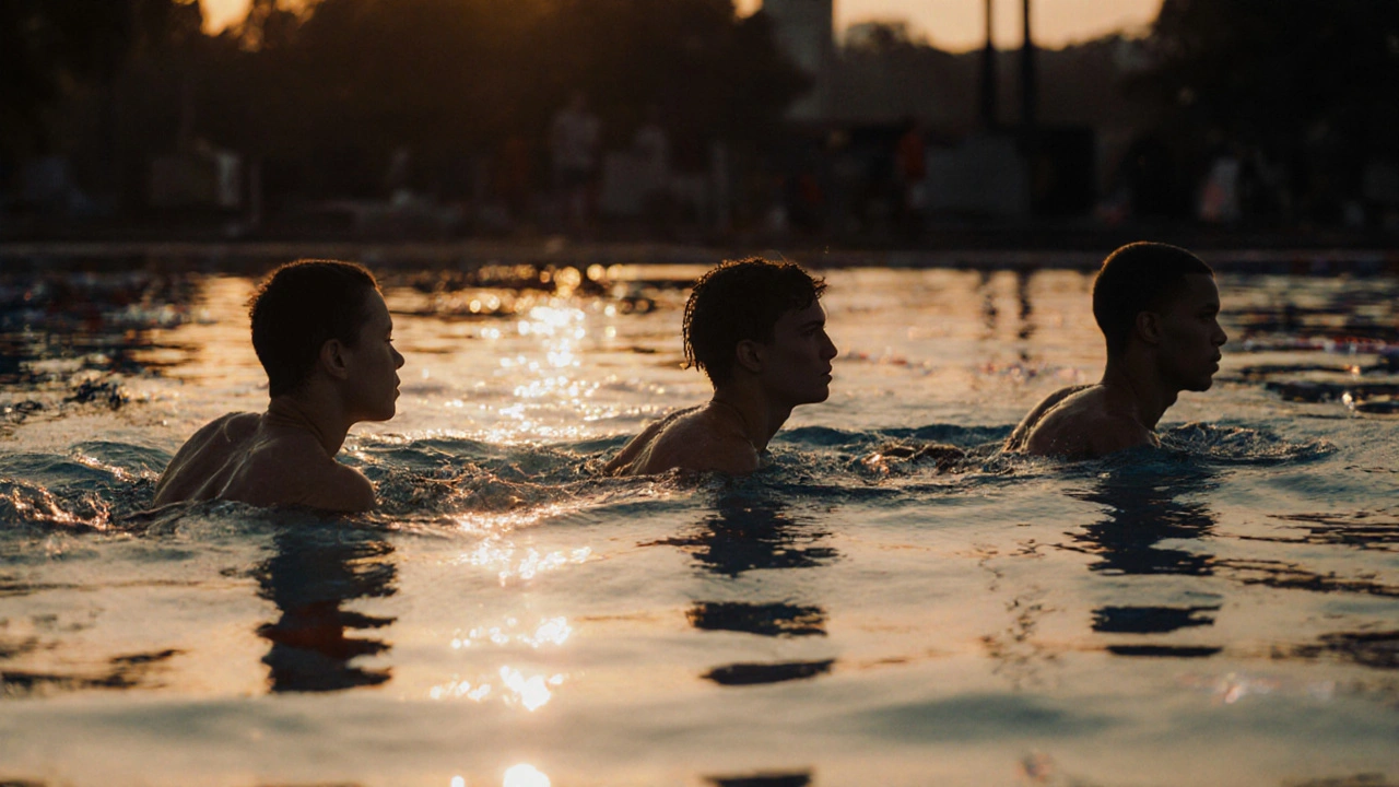 Verschiedene Athleten schwimmen gemeinsam im morgendlichen Licht, Atemmuster sichtbar.