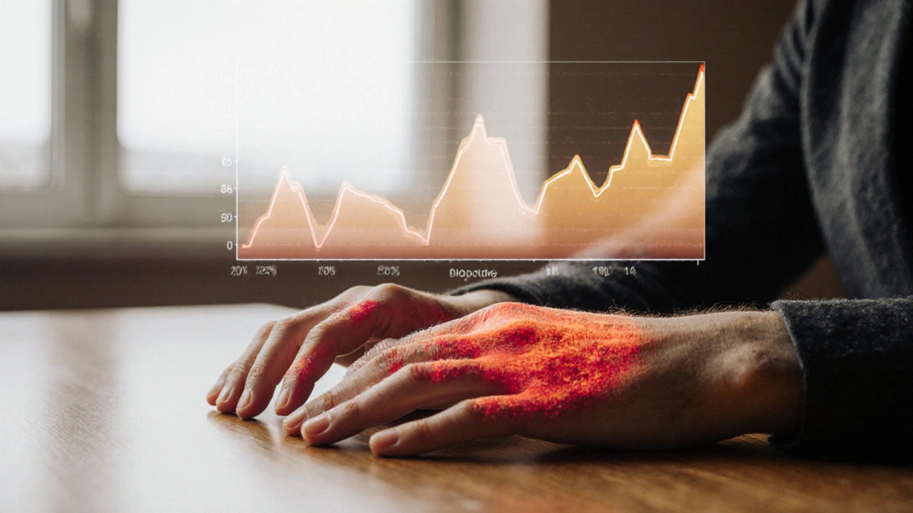 Zwei Hände, eine kalt und angespannt, die andere warm und entspannt, mit subtiler Biofeedback-Visualisierung im Hintergrund.