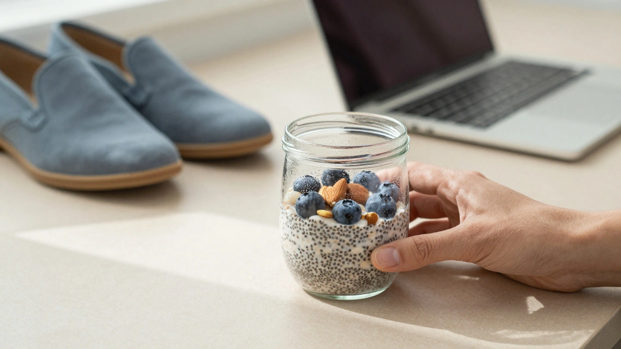 Ein Glas Wasser und ein vorbereitetes Overnight-Oat-Glas mit Chia-Samen, Beeren und Mandeln auf der Küchenarbeitsplatte.