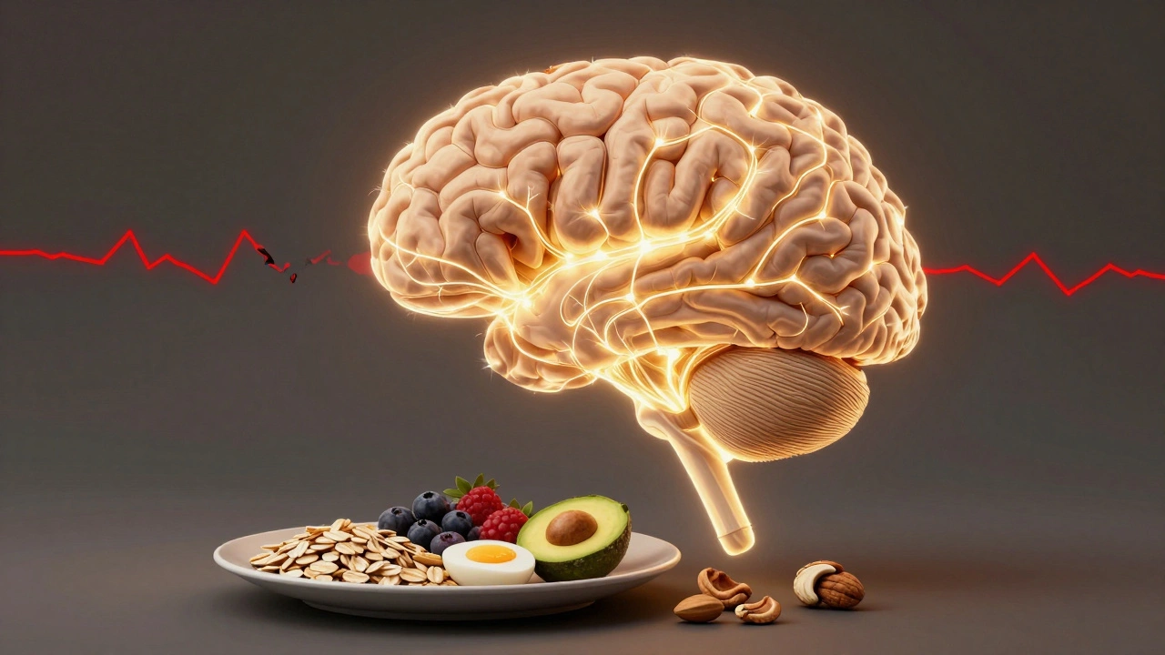 Ein leuchtender menschlicher Gehirn, verbunden mit Nahrungsmitteln wie Hafer, Beeren und Nüssen, die Energie spenden.
