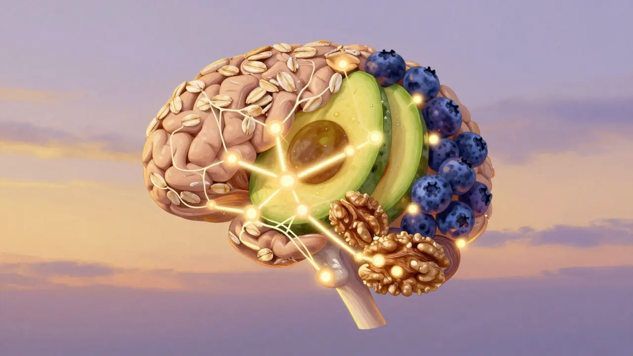 Ein menschliches Gehirn, das aus Nährstoffen wie Hafer, Avocado und Walnüssen zusammengesetzt ist, in einem morgendlichen Licht.