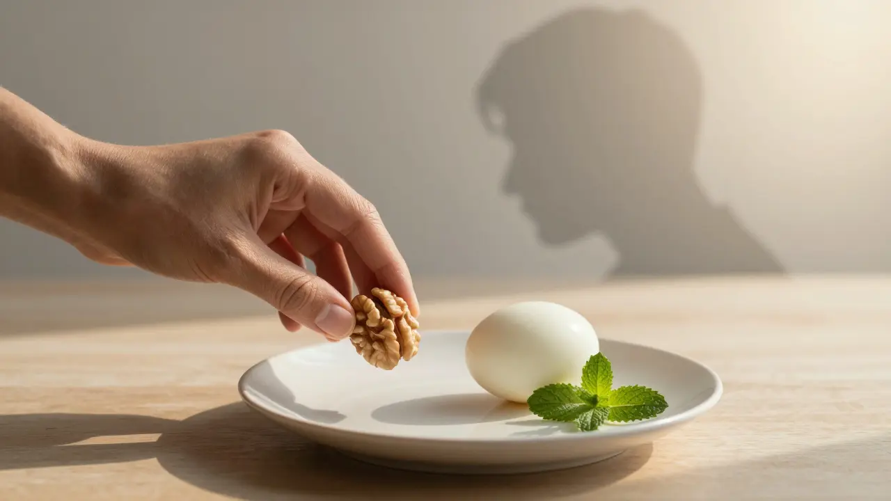 Eine Hand legt eine Walnuss und ein Ei auf einen leeren Teller bei Sonnenaufgang, symbolisch für mentale Klarheit.