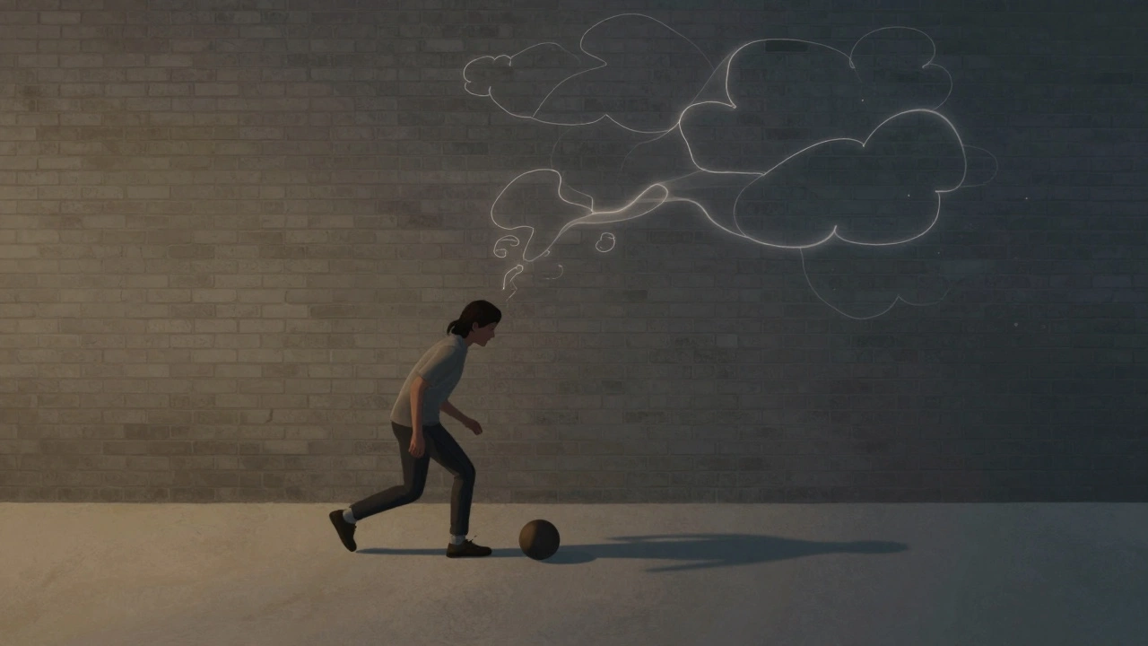 Einzelperson dribbelt allein gegen eine Mauer, Gedanken lösen sich in der Luft auf, Abendlicht beleuchtet die Szene.