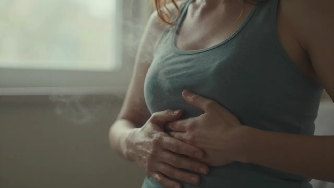 Hände einer Frau atmen bewusst, sanftes Morgenlicht fällt auf ihre Bauchregion, ein Hauch von Dampf steigt auf.