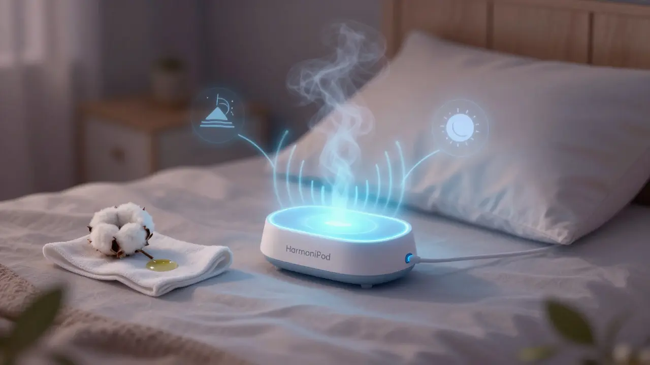 Hybrid wellness device emitting calming light and chamomile mist beside a pillow at night.
