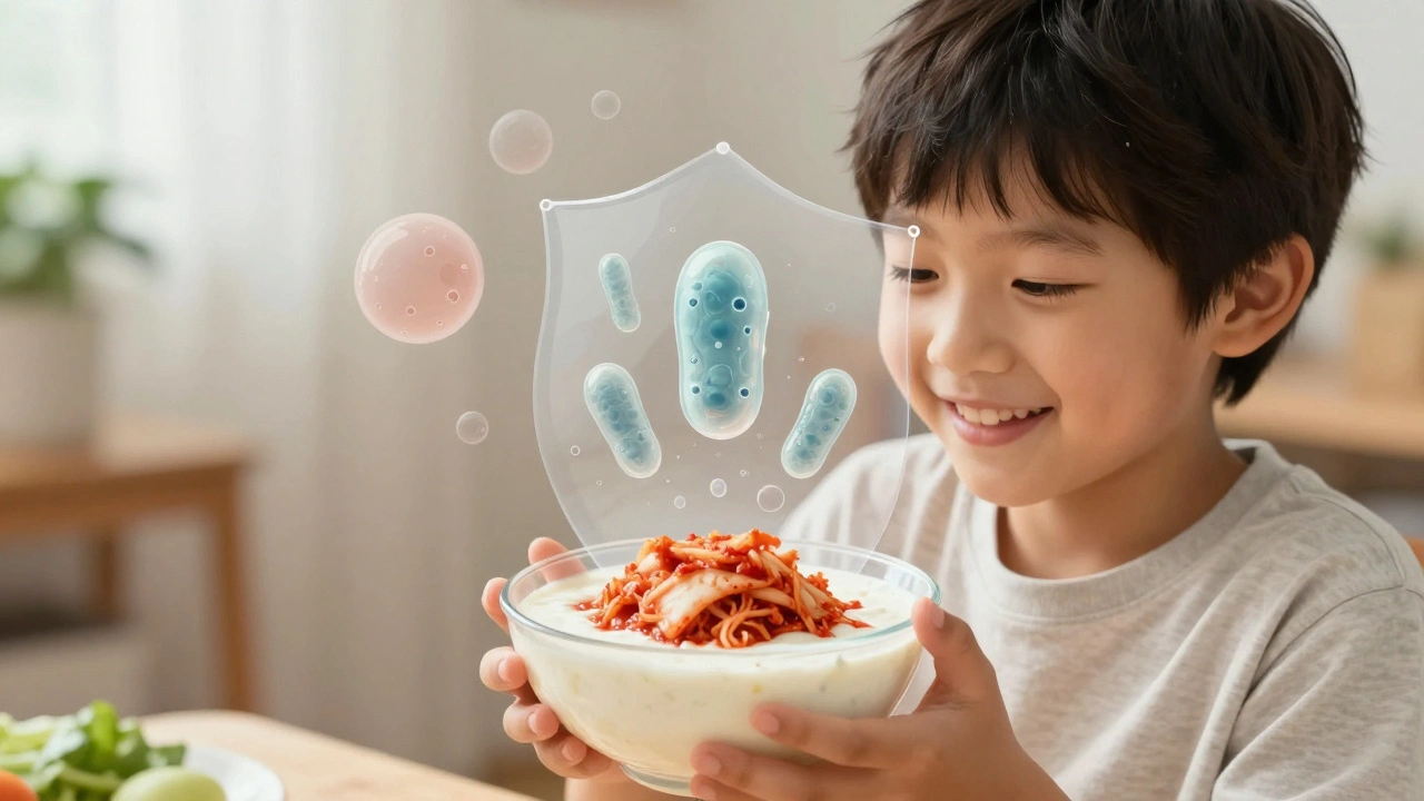 Kind mit fermentierten Lebensmitteln, umgeben von schützenden Mikroben und Symbolen für bessere Gesundheit