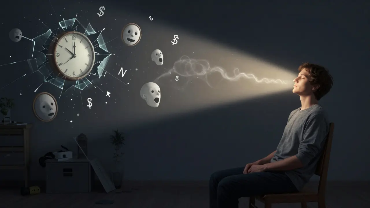 Linker Teil: chaotische Szene voller Krisensymbole. Rechter Teil: dieselbe Person in Ruhe, ein Lichtstrahl erhellt ihr Gesicht.