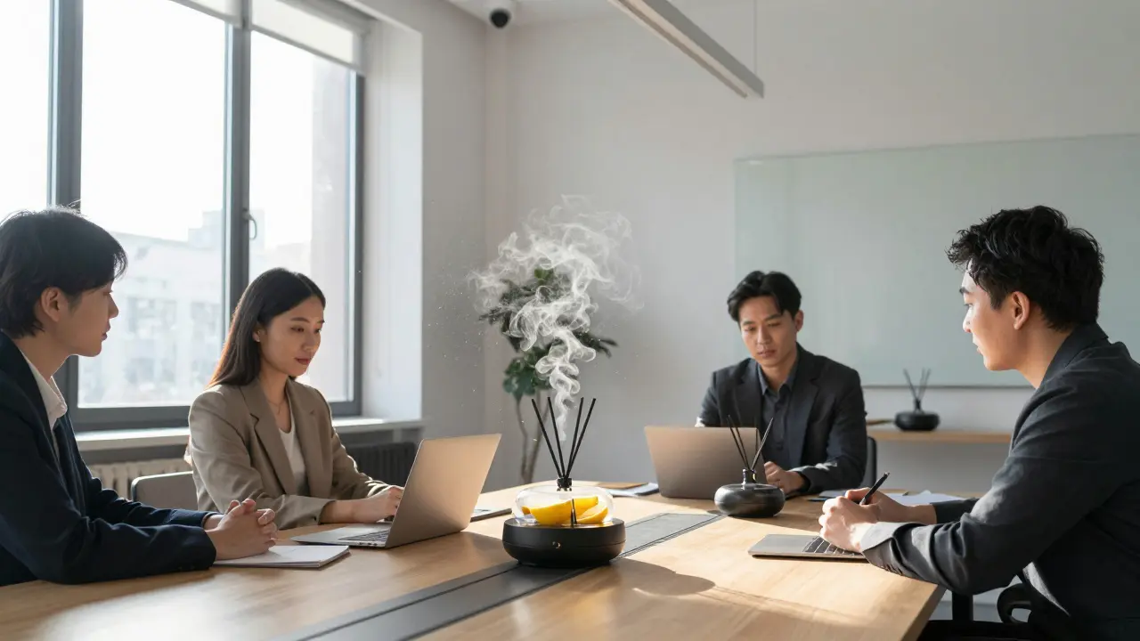 Office meeting room with citrus-scented mist in the air, professionals focused at a table.