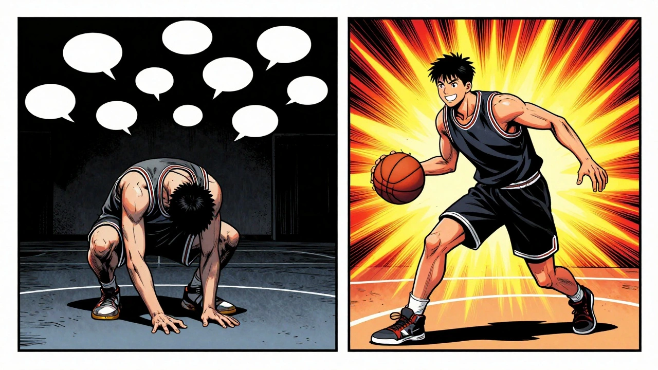 Vergleichende Comic-Szene: Eine Person verlässt die Isolation und findet Trost im Basketballspielen.