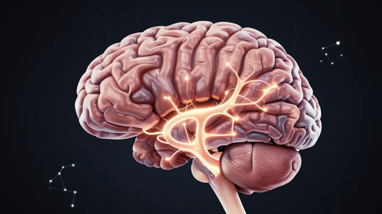 Wissenschaftliche Darstellung eines menschlichen Gehirns mit hervorgehobenen Veränderungen durch Achtsamkeit: Amygdala, Präfrontaler Kortex, Hippocampus und Insula.