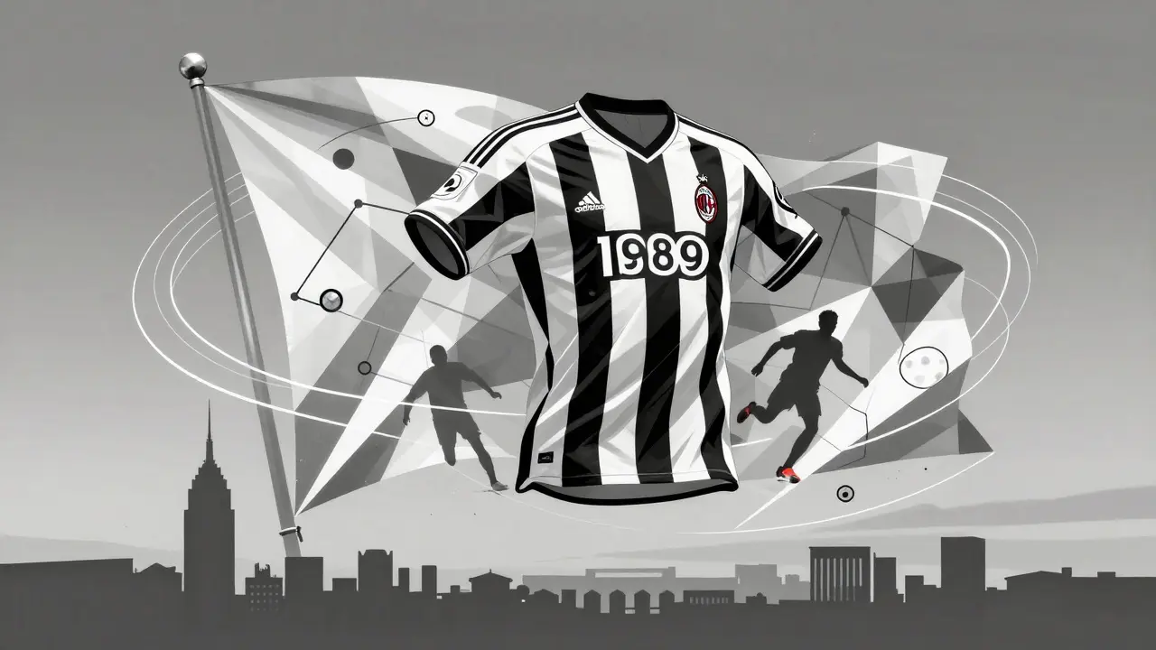Das schwarz-weiße Trikot von AC Milan 1989 schwebend, umgeben von taktischen Linien und Spielersilhouetten.