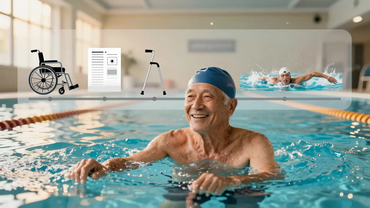 Ein älterer Mann lächelt nach einem Schwimmtraining, ein transparenter Zeitstrahl zeigt seine gesundheitliche Wandlung.