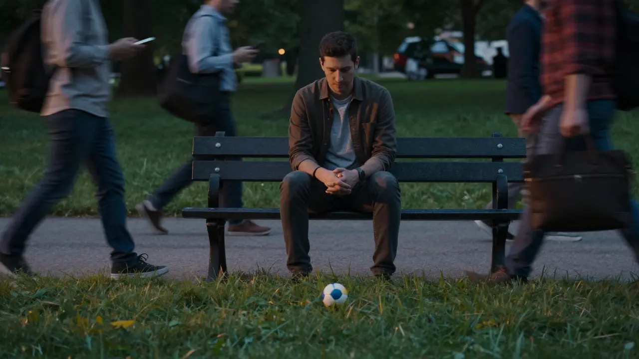 Ein Mann beobachtet ruhig einen rollenden Ball, während andere hastig vorbeieilen.