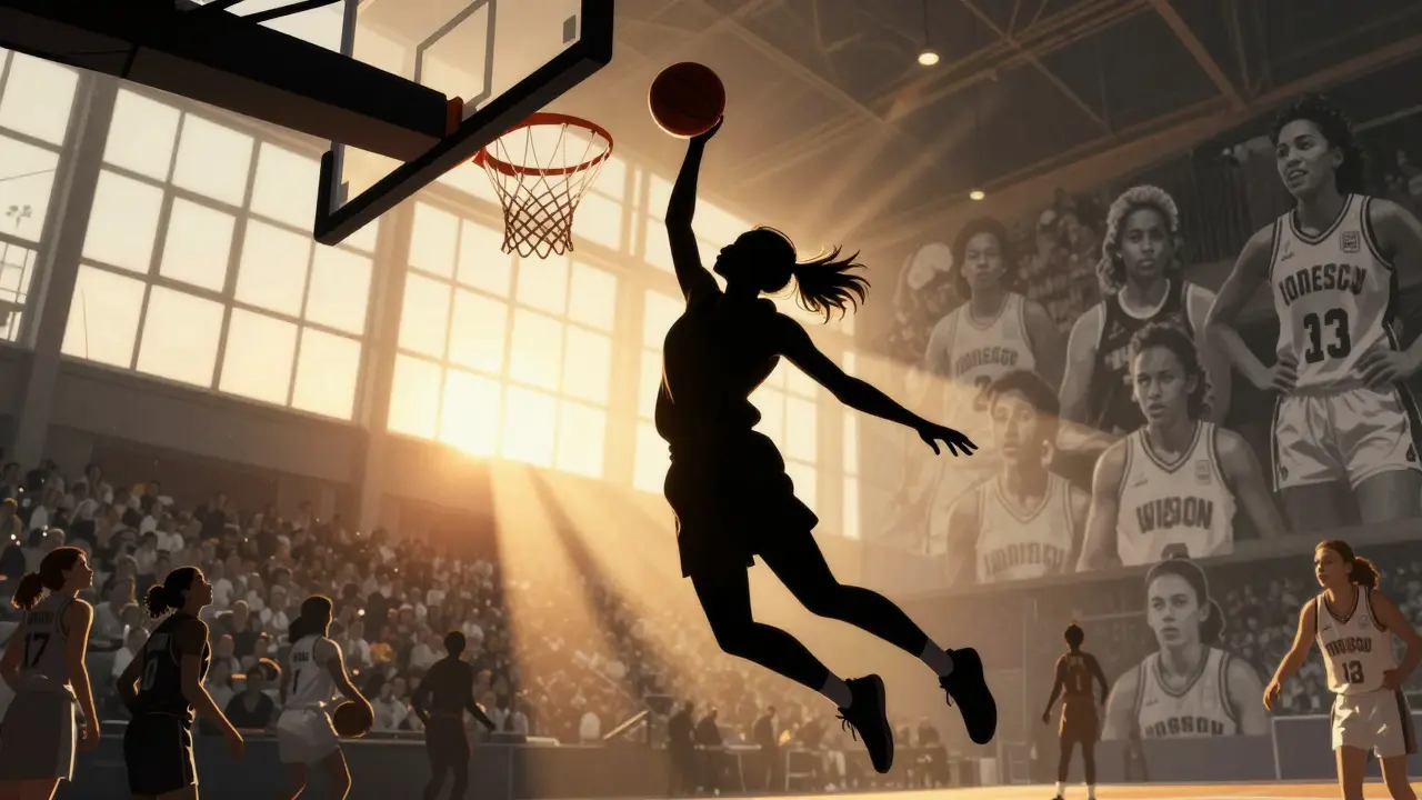 Eine Frau basketballt in einem Stadion, silhouettiert gegen einen goldenen Sonnenuntergang, mit historischen Bildern im Hintergrund.