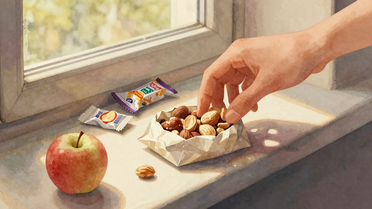 Eine Hand greift nach Nüssen und einem Apfel auf der Fensterbank, während verpackte Snacks im Hintergrund liegen.