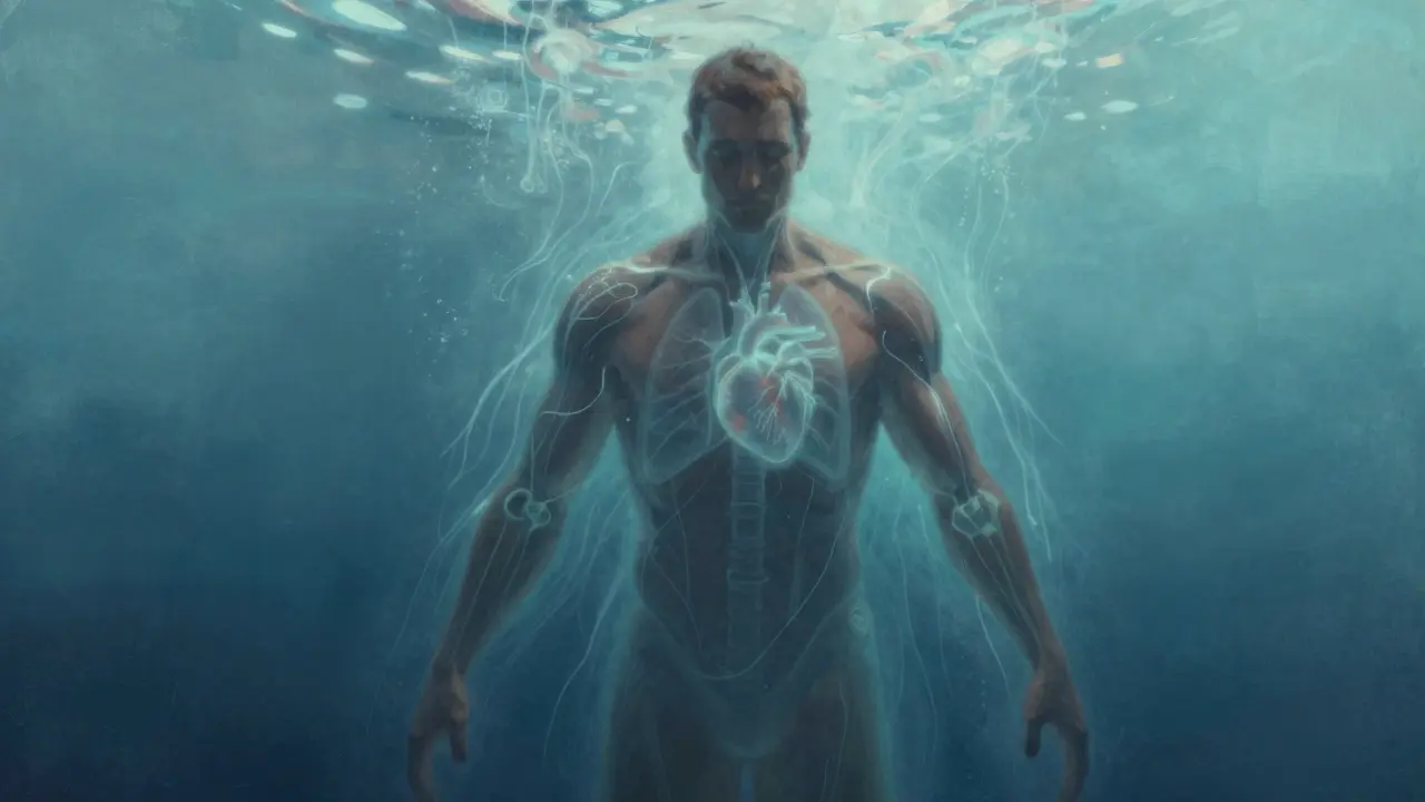 Eine menschliche Silhouette in Wasser, umgeben von abstrakten Energieflüssen, die Gesundheit symbolisieren.