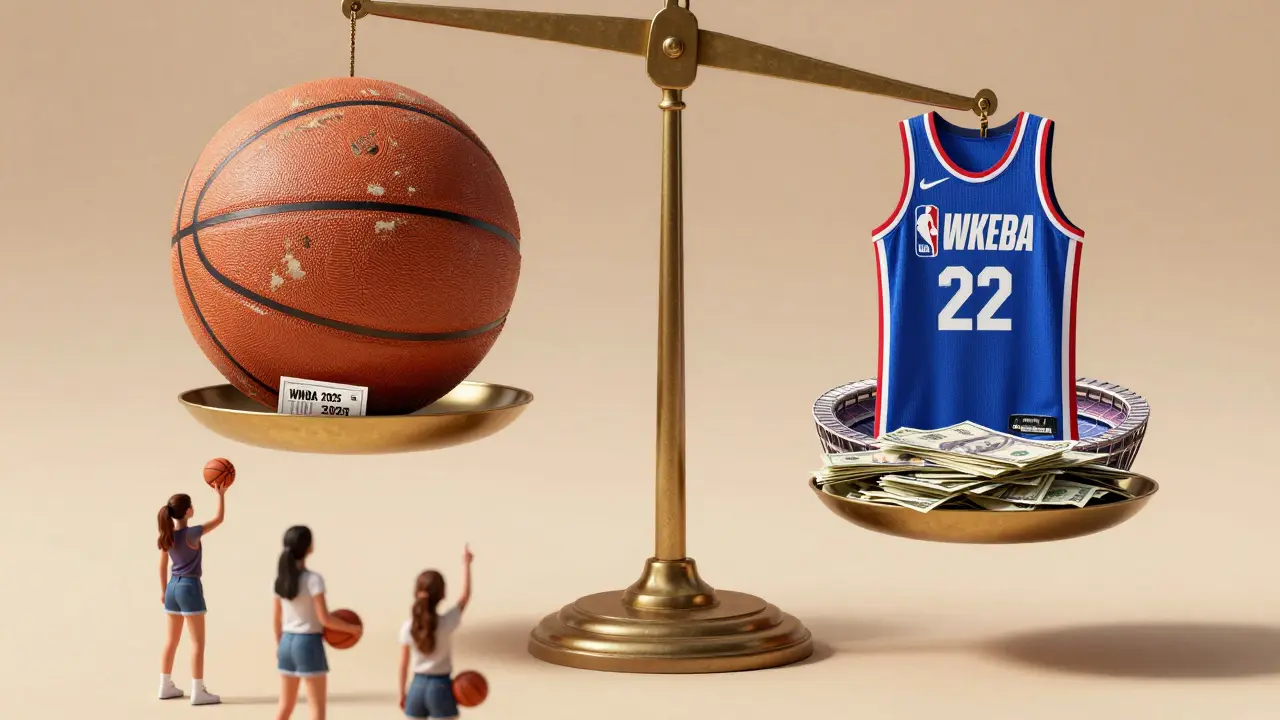 Eine Waage zeigt den Unterschied zwischen Frauen- und Männerbasketball-Einkommen, mit Mädchen, die hinaufzeigen.