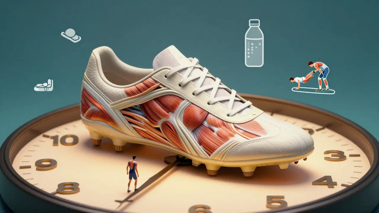 Fußballschuh auf einer Uhr, symbolisch für die schrittweise Wiederherstellung nach einer Verletzung.