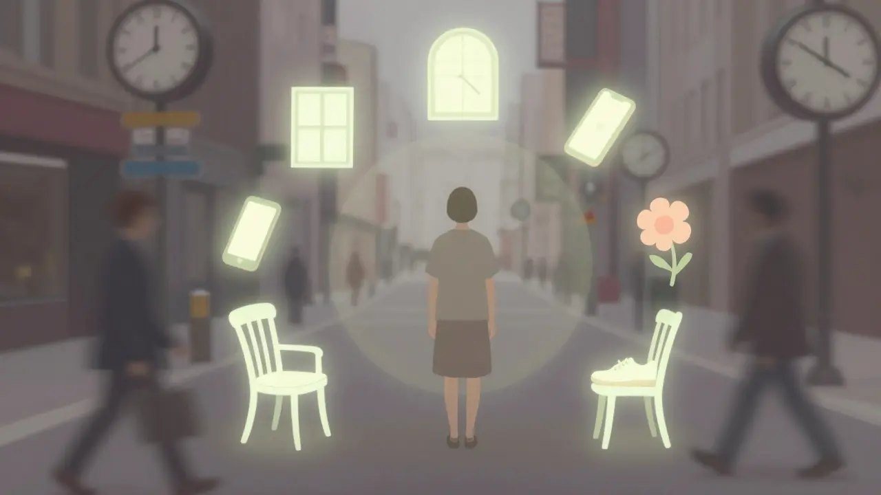 Mensch in hektischer Stadtmitte, umgeben von sanft leuchtenden Sinnesobjekten, bleibt innerlich ruhig.