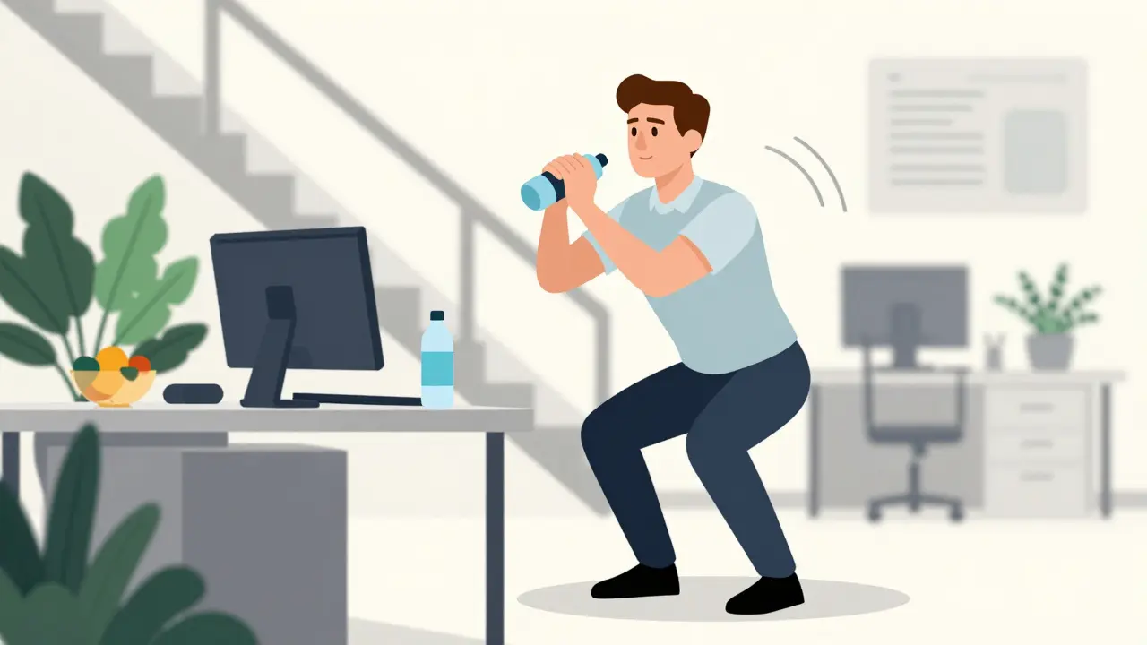 Mitarbeiter im Büro macht Kniebeugen am Schreibtisch, Wasserflasche und Treppenhaus im Hintergrund.